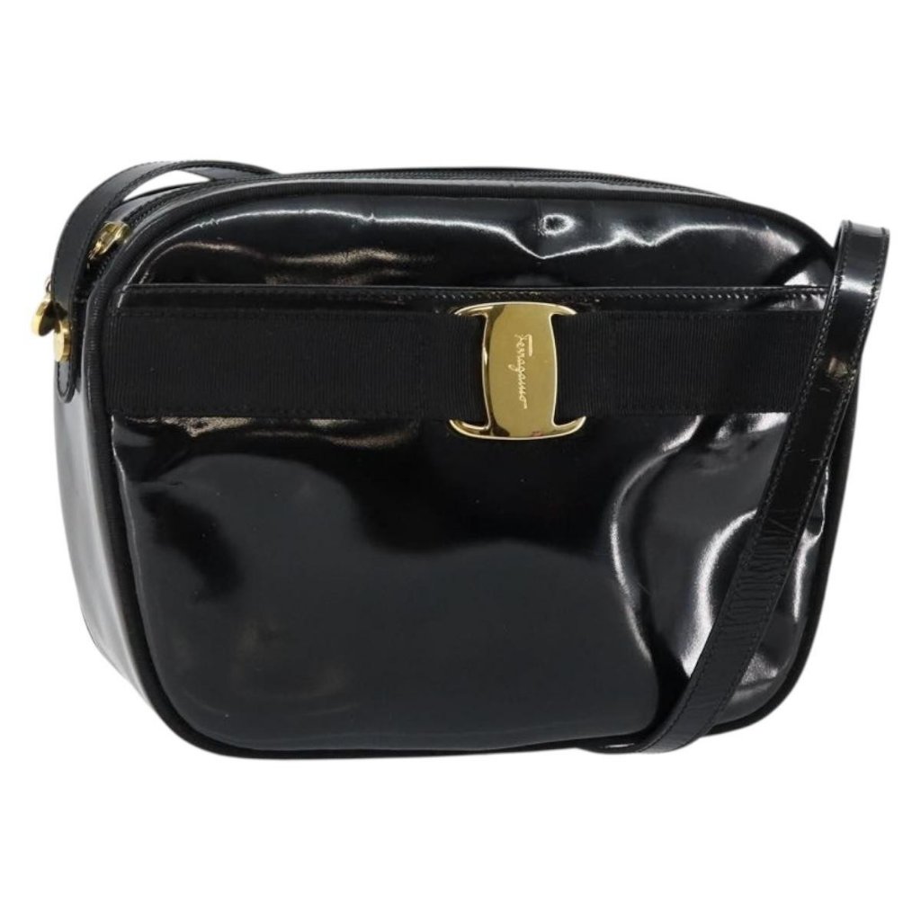 Salvatore Ferragamo Vala Shoulder Bag Enamel Black Gold Auth Ba7055